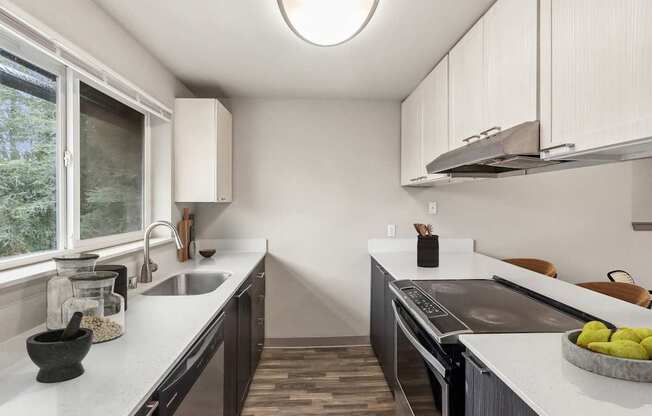 A modern kitchen with a sink, stove, and countertop.