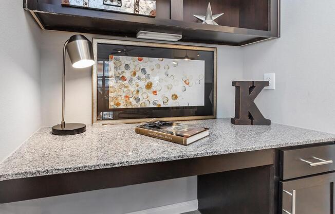 a kitchen with a sink and a mirror