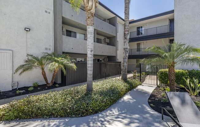a walkway with a bench and palm trees in front of an apartment building