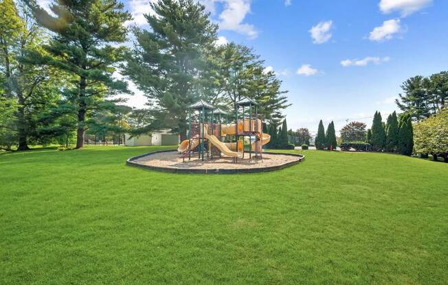 A playground with a round swing set surrounded by a green lawn and trees.