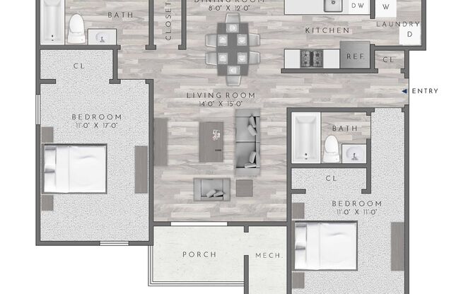 2 beds, 2 baths, 1,030 sqft, $2,725