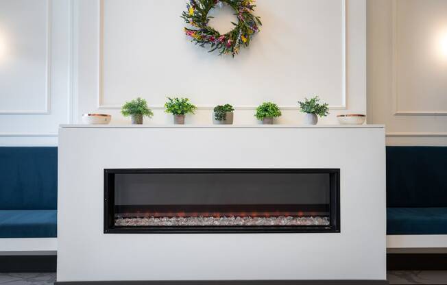 a living room with a fireplace and a mantel with potted plants on it