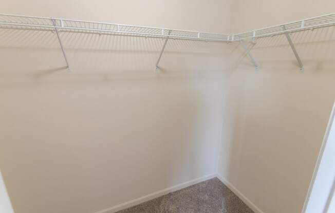 This is a photo of the primary bedroom walk-in closet in the 1226 square foot 3 bedroom Hambletonian at Trails of Saddlebrook Apartments in Florence, KY.
