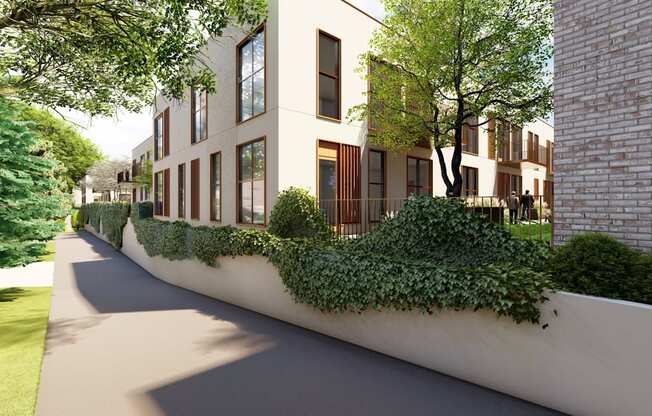 a rendering of an apartment building with a sidewalk and green plants