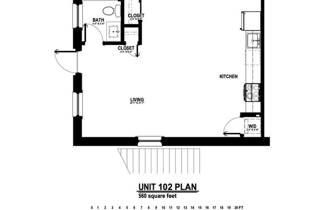 Studio, 1 bath, 560 sqft, $850, Unit 102