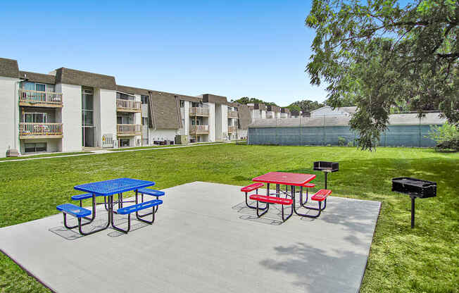a picnic area with a blue picnic table and red picnic table on a concrete patio with a