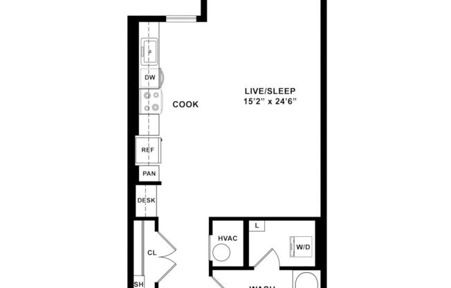 Studio, 1 bath, 624 sqft, $1,383