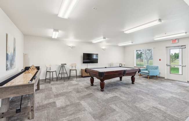 a game room with a pool table and a tv