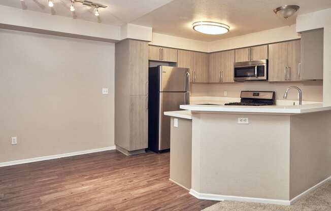 Apartments For Rent In Escondido - Kitchen With High Bar Countertop, Stainless-Steel Appliances, Wood-Style Flooring, Carpet Flooring, And Grey Cabinets