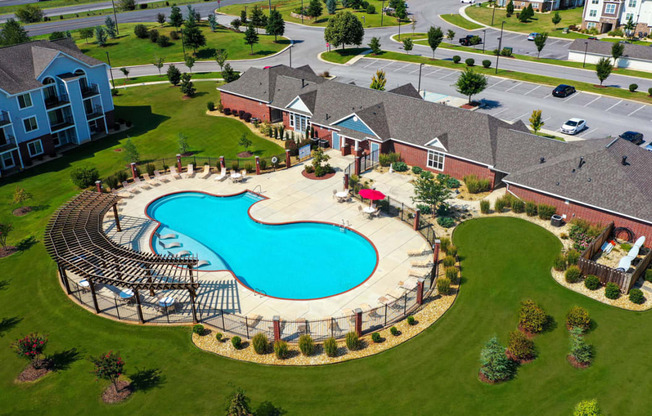 Aerial View of Outdoor Pool and Clubhouse at Limestone Creek Apartment Homes, Madison, Alabama