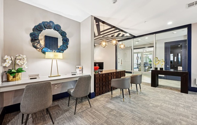 Stylish leasing office with modern décor at Harlow River Oaks apartments in Houston, TX