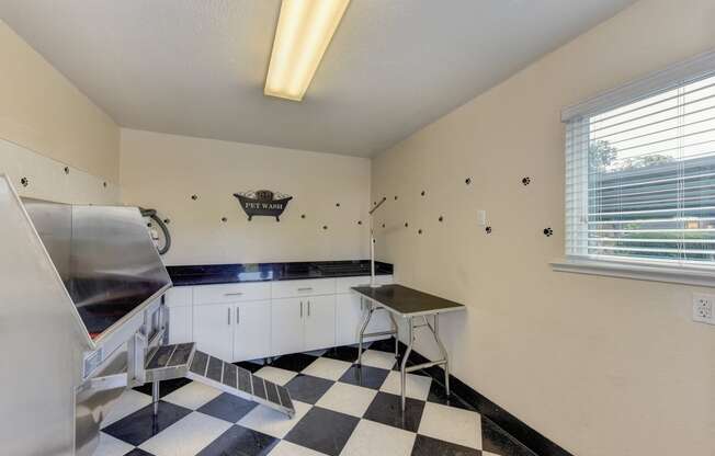 Pet Spa with dog Grooming Station with sink, Checker Patter Floor,and Table