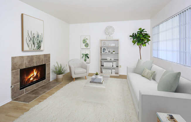 Carpeted Living Room with Wood-burning Fireplace