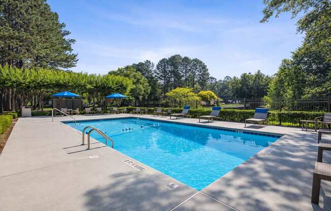 A large outdoor swimming pool surrounded by trees and lounge chairs.
