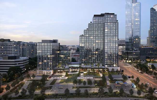 an aerial view of a city with tall buildings and a park at AVE Hamilton Green - 25 Cottage Apartments, White Plains ,New York, 10601