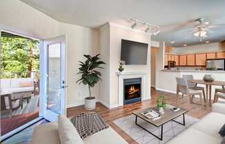 A living room with a fireplace and a television.