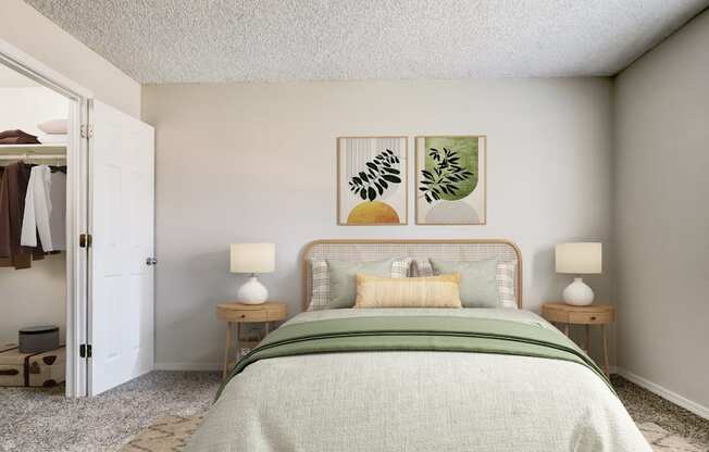 Tranquil bedroom with light green bedding and natural light at Aurora Meadows.