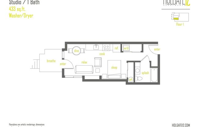 Studio, 1 bath, 433 sqft, $1,395, Unit 103