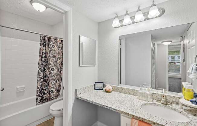 A bathroom with a white countertop and a large mirror.