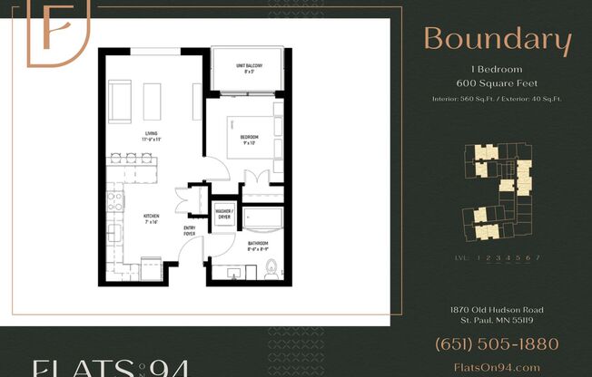 1 bed, 1 bath, 560 sqft, $1,344, Unit 213 - Boundary