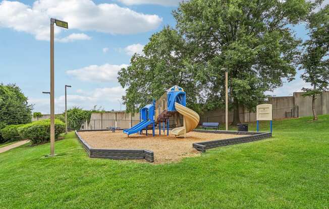 a playground with a blue and yellow slide in a park