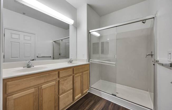 a bathroom with a sink and a shower and a mirror