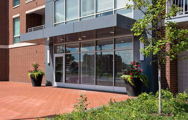 a view of the front of the building from the sidewalk