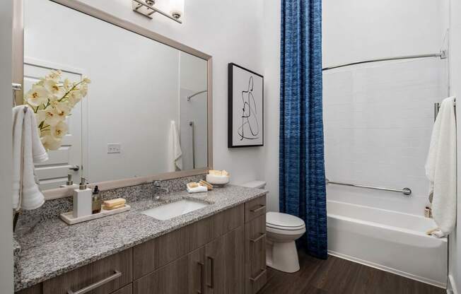 a bathroom with a shower and a sink and a mirror