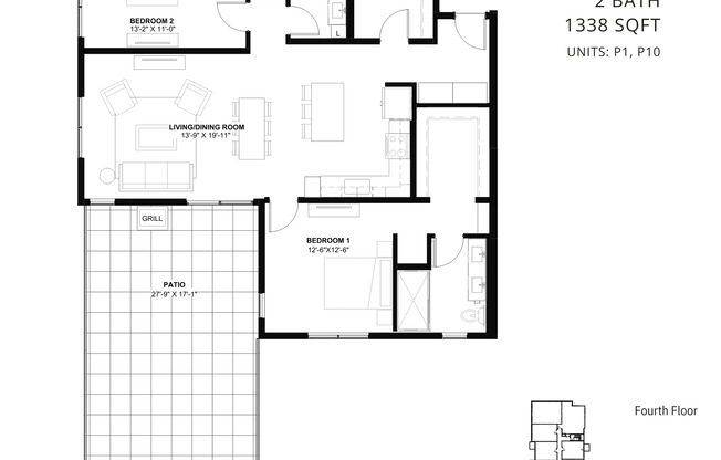 2 beds, 2 baths, 1,338 sqft, $4,095, Unit P10