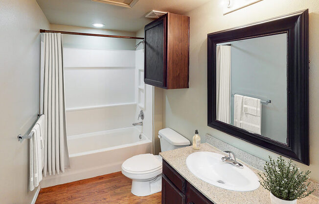 A bathroom with a white toilet, sink, and a mirror.