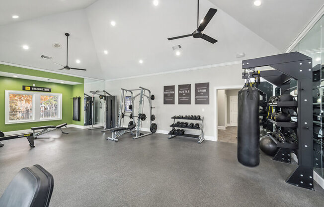 Community Fitness Center with Equipment at Bridges at Oakbend Apartments in Lewisville, TX.