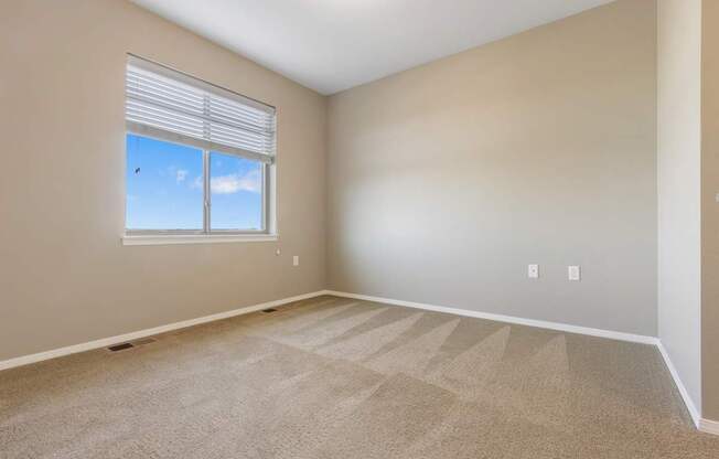 A room with a carpeted floor and a window with blinds.
