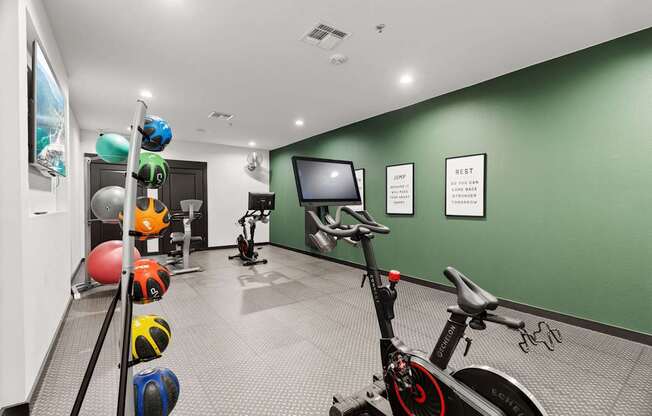 A gym with a stationary bike, exercise balls, and a television.
