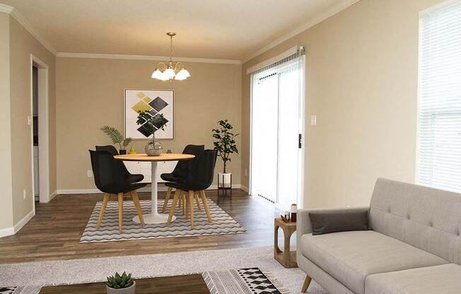a living room with a table and a couch