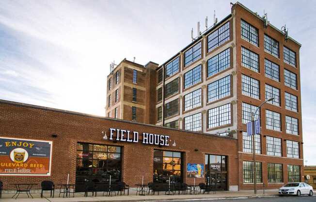 the facade of a field house restaurant on the side of a building