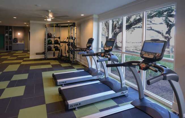 A gym with treadmills and exercise equipment.