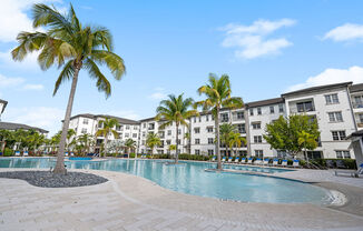 Pool with curves and palm trees