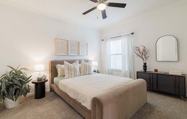 A bedroom with a large bed, a ceiling fan, and a potted plant.