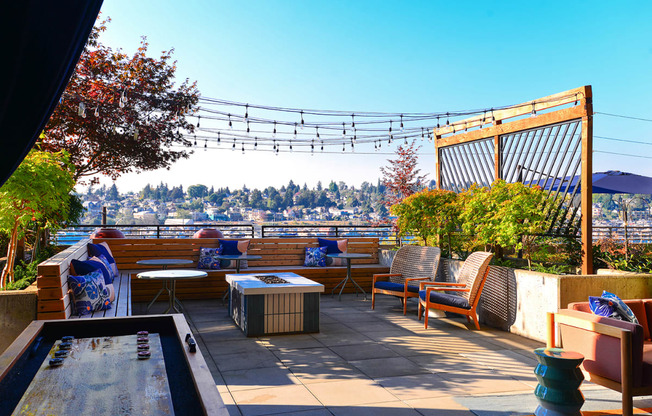 rooftop lounge with twinkle lights