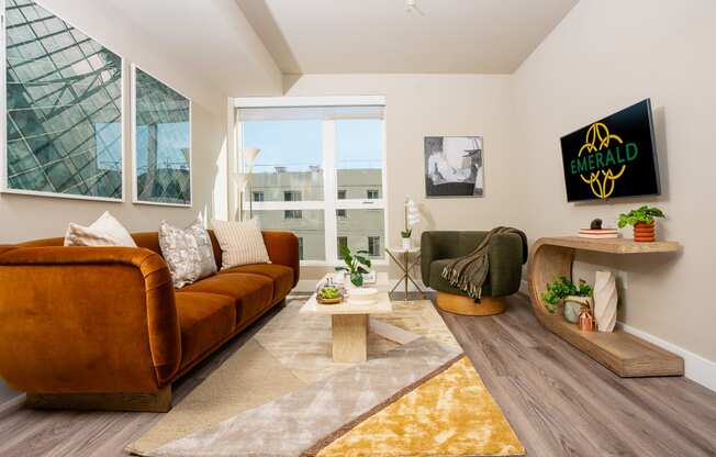Apartments In South Park Los Angeles For Rent - Emerald - A Bright Living Space With A Fullsize Couch On One Wall And A Mounted TV On The Other Wall With Large Windows And Lightly Colored Walls