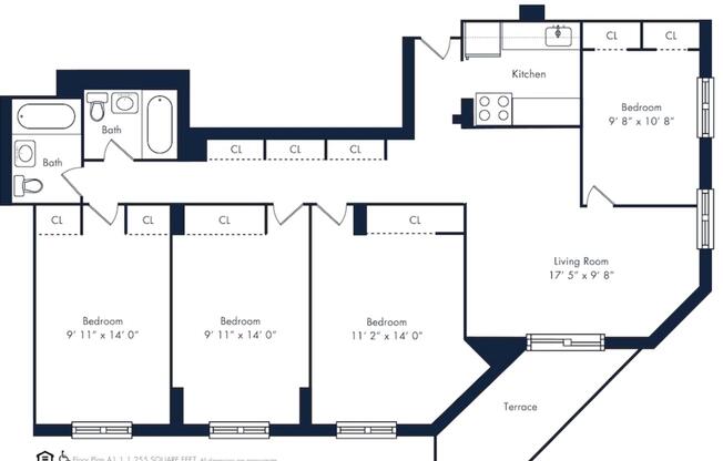 4 beds, 2 baths, 1,255 sqft, $10,585, Unit 10A
