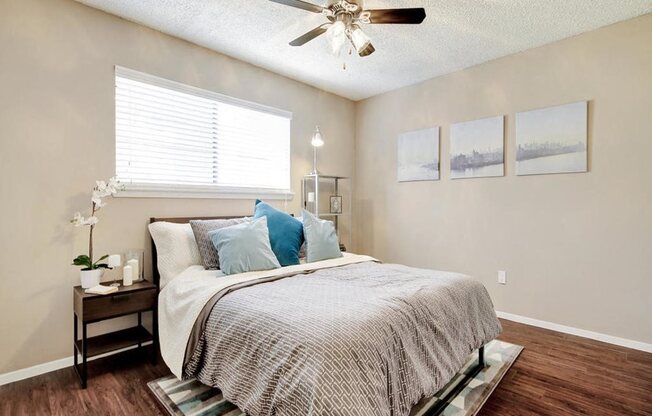 master bedroom view with ceiling fan