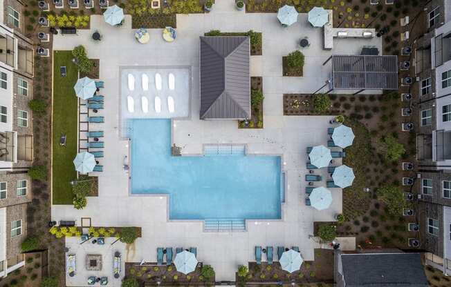 arial view of the pool in the center of a building