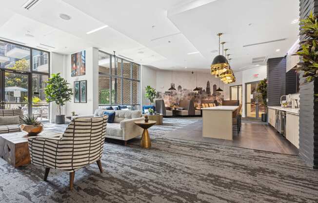 a large lobby with couches and chairs