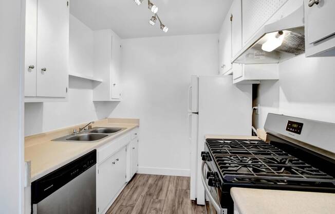 a white kitchen with a stove and a sink