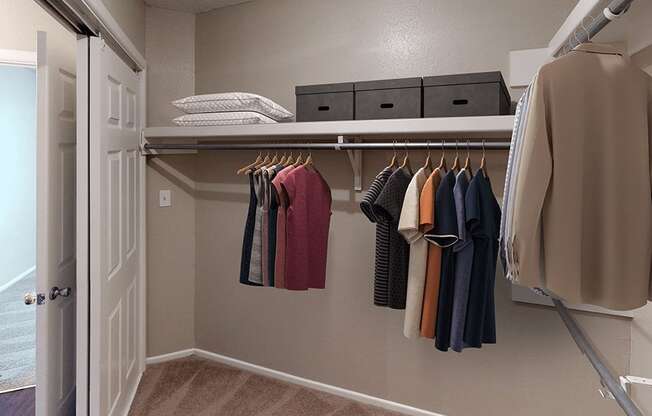 a walk in closet with a closet organizer and shelves