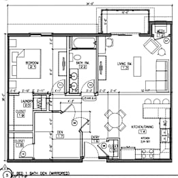 1 BD 1 BA  Den (mirrored) Floor Plan at Rivers Edge Apartments, Otsego, 55330