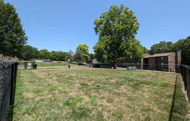 a large yard with a building in the background and trees