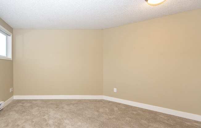 an empty living room with carpet and a window