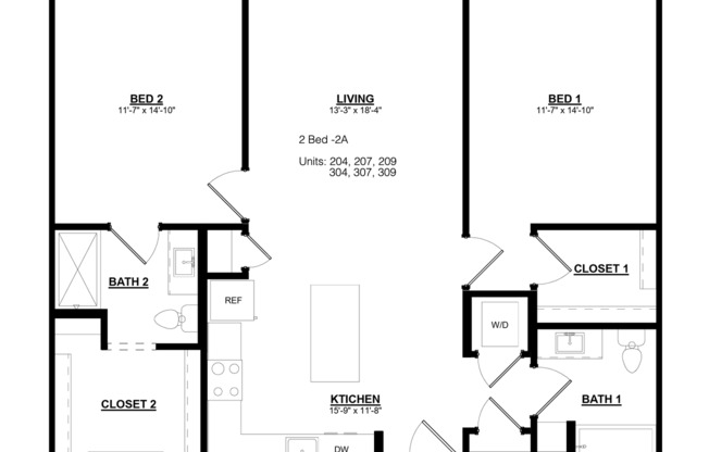 2 beds, 2 baths, 1,172 sqft, $1,695, Unit 204